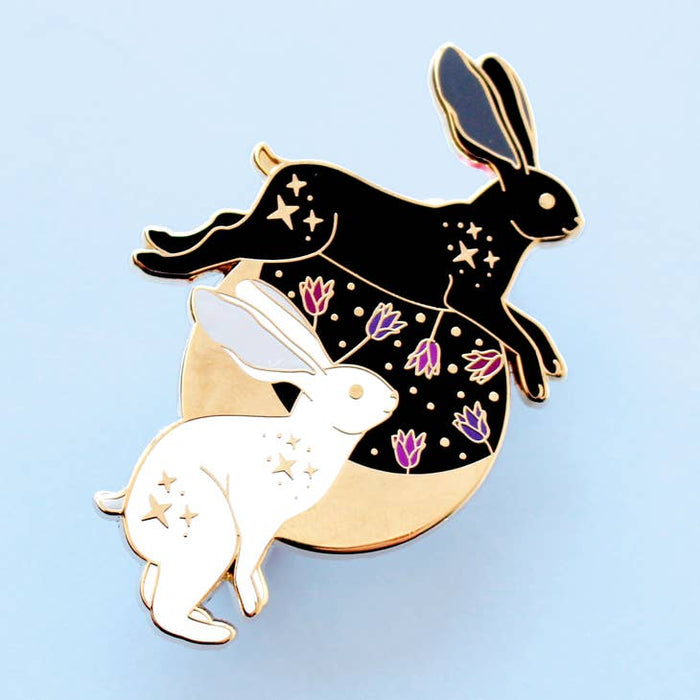 Black and White Hares and Moon Enamel Pin